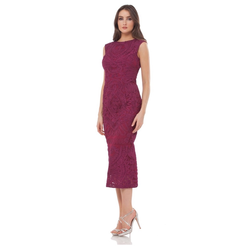 JS collections fuschia heavily embroidered detailed mermaid midi dress